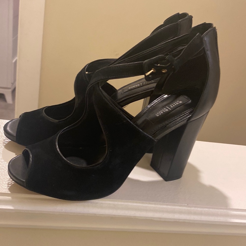 Black suede barely worn high heeled sandals. Wren from White House/Black Market.
